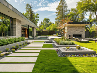 Contemporary home showcasing landscaped garden, geometric walkways, and outdoor living space in a luxury setting.