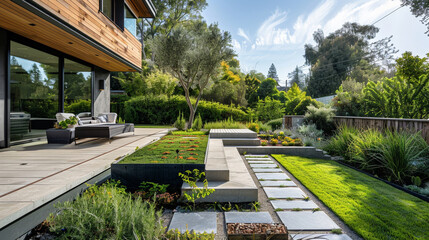 Sustainable garden design featuring a modern house, raised plant beds, and geometric walkway in a lush green setting.