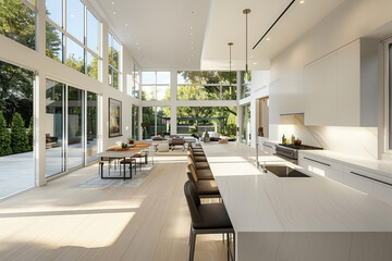 Spacious and bright modern home interior design with large windows overlooking a serene natural setting.