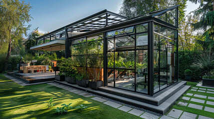 A contemporary glass greenhouse surrounded by vibrant greenery in a beautifully landscaped garden, featuring a wooden deck and outdoor kitchen.
