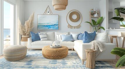 Bright coastal living room with nautical decor and ocean view, styled with comfort and relaxation in mind.