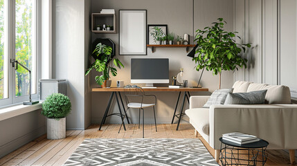 Stylish home office setup with desktop computer, indoor plants, and comfortable sofa in a bright room.