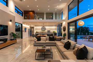 Contemporary open-plan living space with sophisticated decor and ample natural light, showcasing an evening setting.