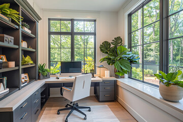 Spacious and contemporary home office with large windows, green plants, and stylish furniture, perfect for productive workdays.