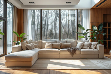 Bright and airy modern living room with comfortable beige sectional sofa and floor-to-ceiling windows overlooking a forest.