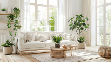 Sunlit spacious living room adorned with vibrant indoor plants and cozy minimalist furniture.