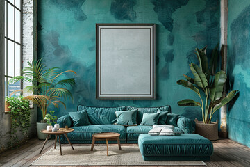 Frame mockup, Chic urban living room interior featuring a luxurious teal sofa, indoor plants, and a blank picture frame on a watercolor wall.