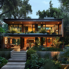 Contemporary two-story house illuminated at dusk, surrounded by a lush garden and mature trees.