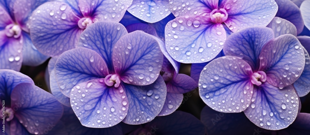 Poster A cluster of vibrant purple flowers covered in glistening water drops, showcasing the beauty of this terrestrial plants violet petals against a backdrop of blue liquid