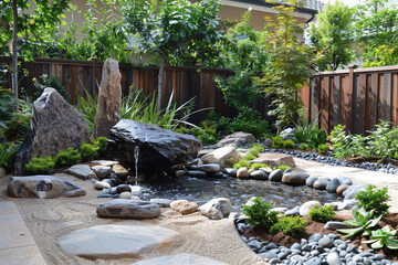 Serene Japanese rock garden with flowing water feature, surrounded by lush greenery and pebbled paths.