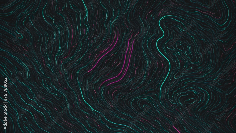 Poster energetic neon patterns show abstract topographic features on a dark backdrop