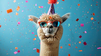 Festive Alpaca: A Hilarious Addition to Your Birthday or New Year's Eve Celebration - Party Hat, Sunglasses and Confetti! - obrazy, fototapety, plakaty
