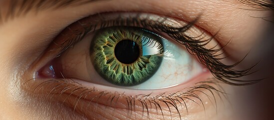 A closeup of a womans brown eye with long eyelashes, showcasing her facial expression and delicate nerve endings. The eye is a vibrant green color, surrounded by her hair and head - obrazy, fototapety, plakaty