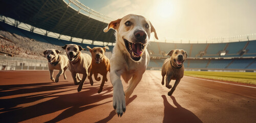 Dog running in stadium that other dogs follow behind. Generative AI