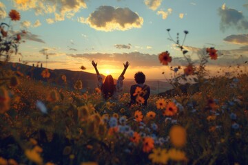 Two people enjoying a serene sunset amidst a vibrant field of wildflowers.