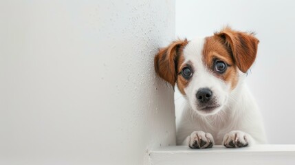 Adorable Jack Russell terrier puppy with a curious expression peering over the edge of a white ledge against a plain background.