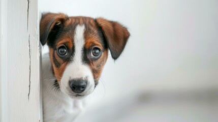 Curious puppy peeking around corner with expressive eyes in a bright, airy room.