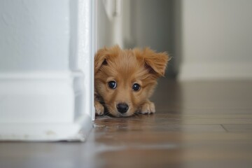 Curious little puppy peeking out from behind a door - obrazy, fototapety, plakaty
