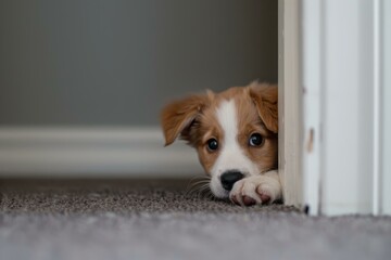 Adorable puppy peeking out from behind an open door with hopeful eyes
