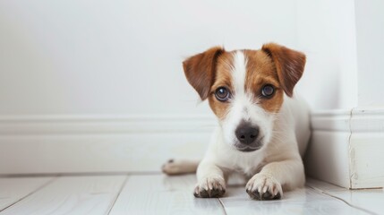 Adorable Jack Russell Terrier puppy lying down on a white wooden floor with a curious gaze.