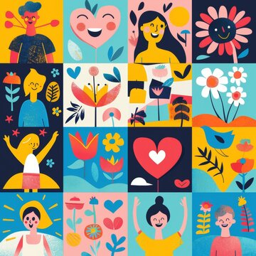 Collage of stylized illustrations featuring joyful characters and colorful botanical elements in a modern abstract art style.