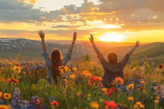 Two people enjoying a sunset amidst wildflowers in a mountainous meadow