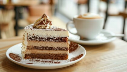 Layers of indulgence: A decadent slice of tiramisu cake paired with a creamy cappuccino on a wooden café table