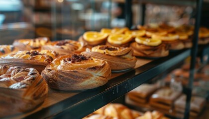 Freshly baked pastries displayed on a shelf at a local bakery with a blurred background