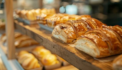 Assorted freshly baked pastries on a wooden shelf at a cozy bakery shop with focus on flaky golden croissants.