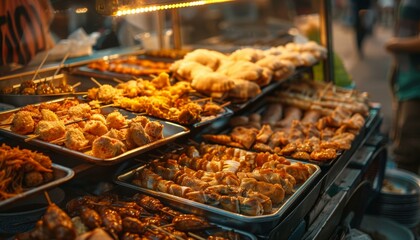 Obraz premium Variety of traditional street food on display at a night market stall.