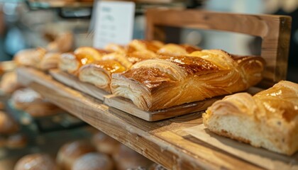 Freshly baked golden pastries on a wooden display at a local bakery shop