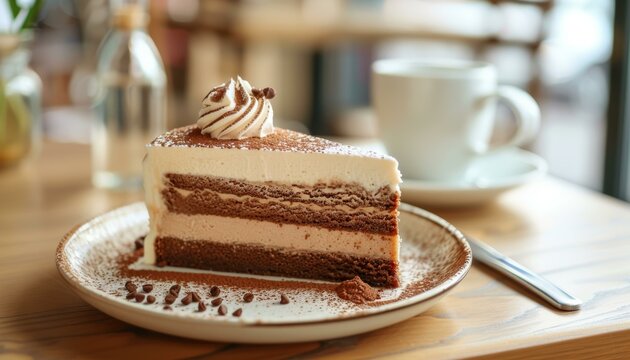 A slice of layered tiramisu cake on a ceramic plate with cocoa powder sprinkled on the side, accompanied by a cup of coffee in the background.