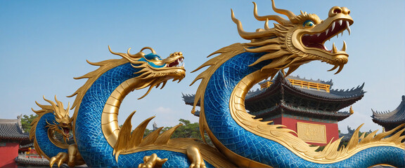 Fototapeta premium Big Blue Chinese Dragon Statues