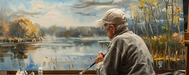 Senior retiree painting in the afternoon - obrazy, fototapety, plakaty