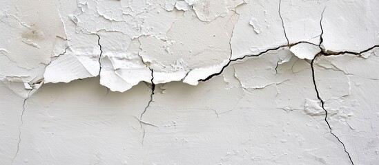 A close up of a cracked white wall revealing layers of paint and concrete underneath, resembling a rugged terrain of liquid and flooring