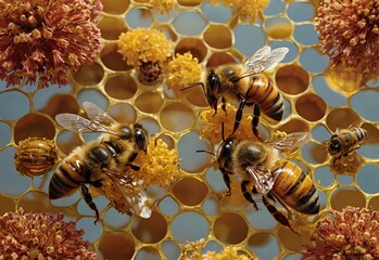 Close up view of bees on honey cells