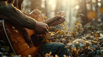 natural outdoor environment with a suitable branch for a boy to sit on and play the guitar. This choice creates a connection between the subject and nature.