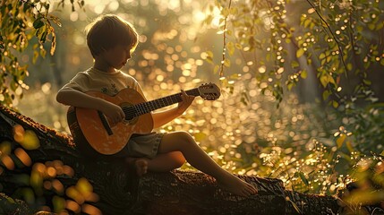 natural outdoor environment with a suitable branch for a boy to sit on and play the guitar. This choice creates a connection between the subject and nature. - obrazy, fototapety, plakaty