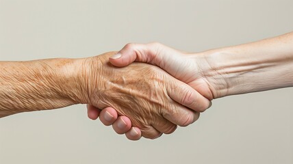 A young adult's hand clasps with an elderly person's hand, symbolizing care, trust, and intergenerational support