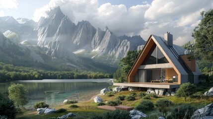 Fototapeta premium The unique architectural features of the A-frame home, along with the scenic beauty of the lake and mountains, create a balanced and visually appealing composition.