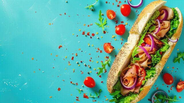 Colorful deli sandwich on a vibrant teal background with scattered ingredients