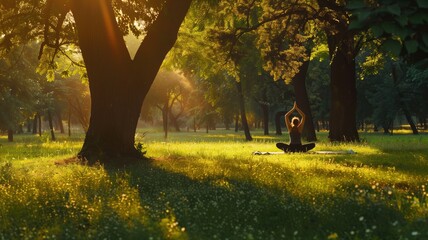 Peaceful yoga meditation in a sunlit park under a large tree