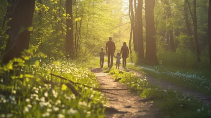 Tuinposter A woman and child stroll through a forest, hand in hand, amidst trees, plants, and natural woodland landscape. AIG41 © Summit Art Creations