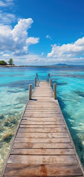 vertical photograph of wooden pier on a paradisiacal beach with turquoise blue sky and crystal clear waters. Paradise vacation