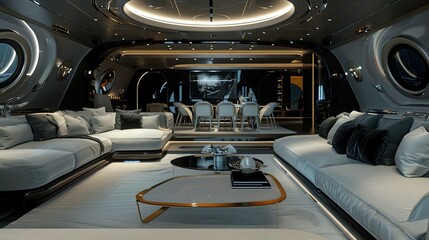 Luxurious interior of a living room on a yacht. The furniture and decor demonstrate the...