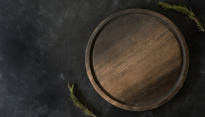 Empty wooden cutting board on dark background, top view, copy space