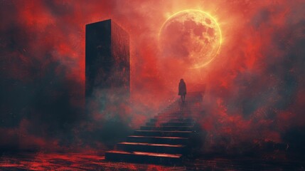 Stairway Leading to Giant Moon in Sky