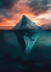 Submerged Majesty - An iceberg revealed, where the waterline divides a breathtaking spectacle of nature's frozen artistry above and below the surface, under a fiery sky