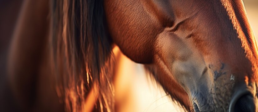 A detailed close up of a brown horses head, focusing on its jaw, eyelashes, and fur. The blurred background emphasizes the intricate details in macro photography