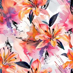 Seamless watercolor pattern with bold lily flowers and abstract strokes